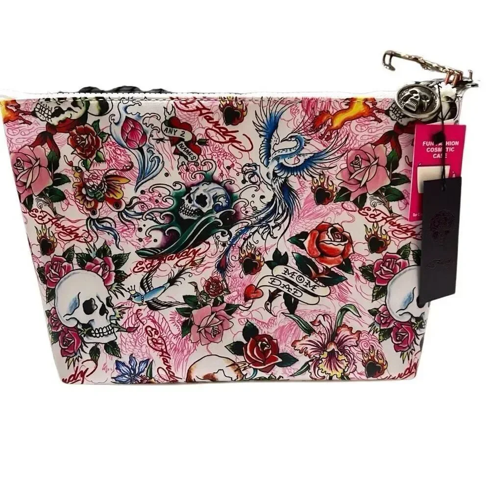 NWT Y2K Ed Hardy Tattoo Graphic Print Canvas White Pink Skull Floral Flame